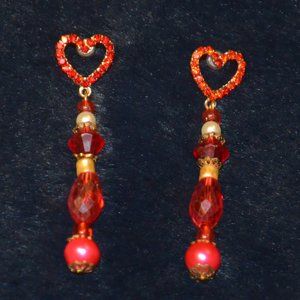Red Rhinestones Hearts Red, White, & Gold Beaded Hanging Gold Stud Earrings